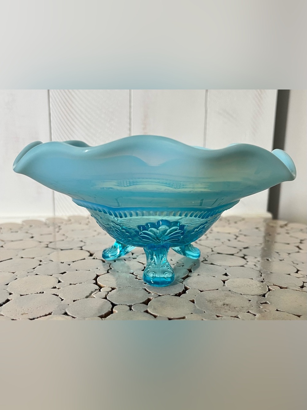 Rare Antique Dugan Blue Opalescent Footed Ruffle Bowl Palm & Scroll Pattern